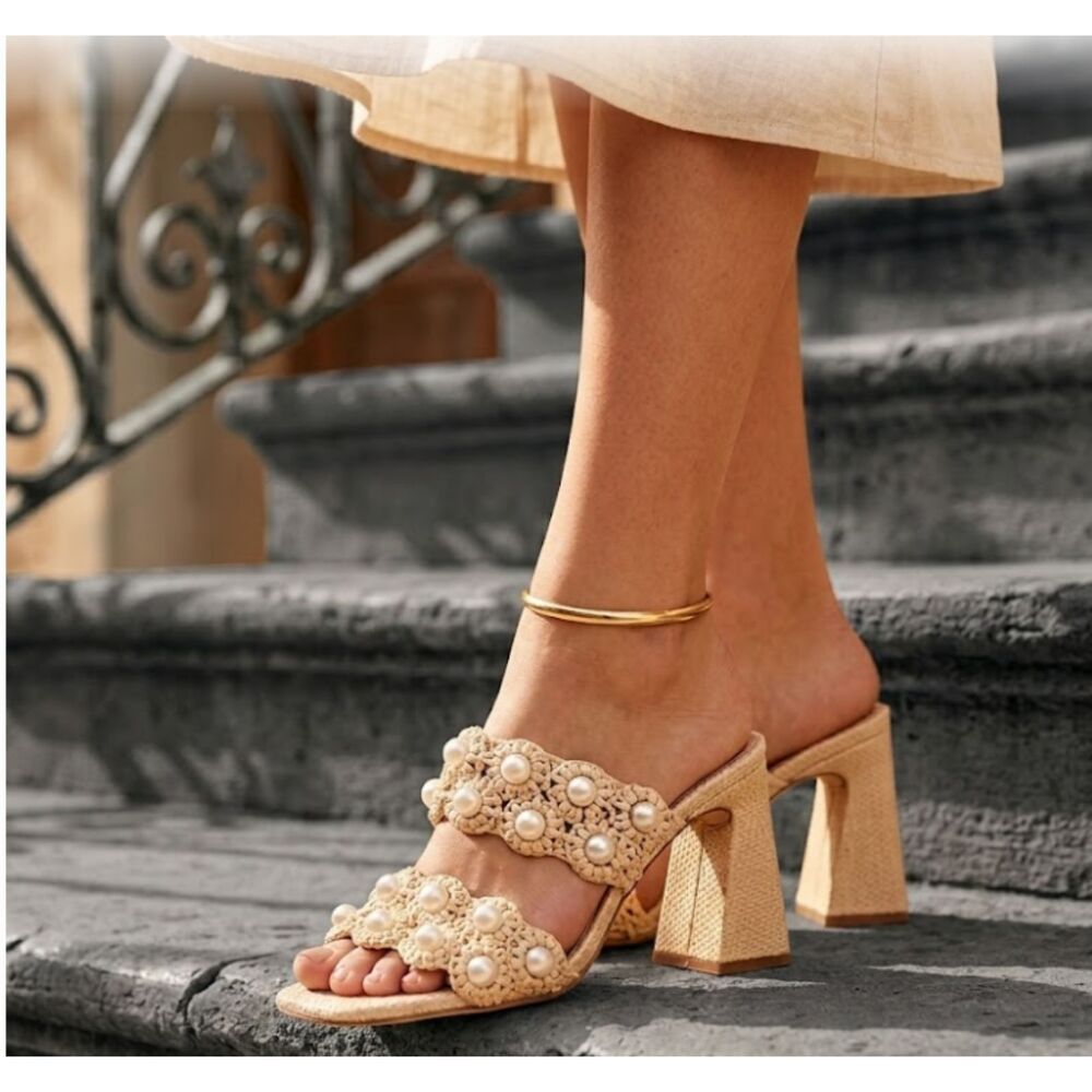 Gianni Bini Regina Pearl Crochet Raffia Block Heel Sandals Beige NWOB 6.5